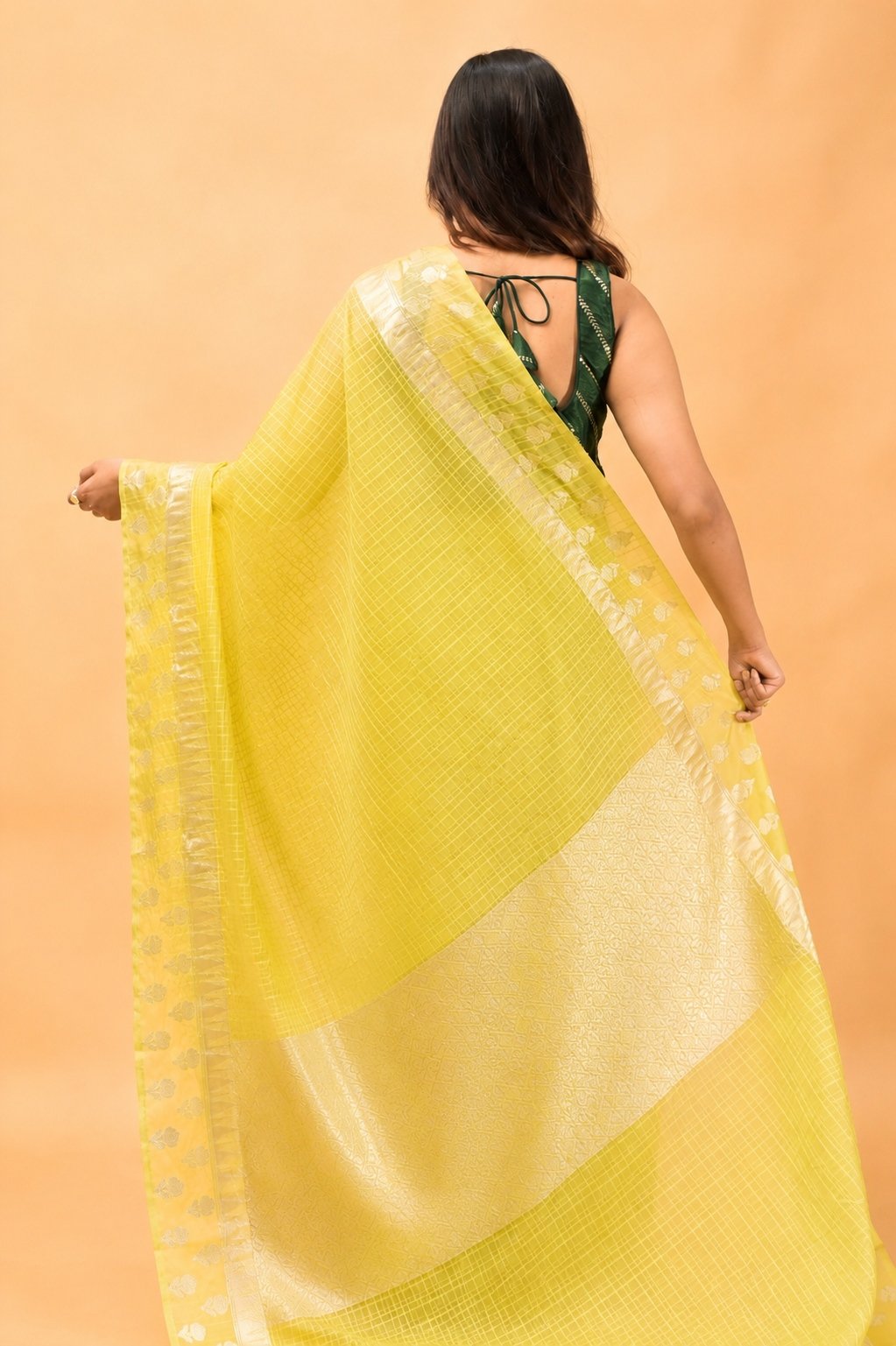 Elegant Check Pattern Lime Green Banarasi Kora Saree with Blouse